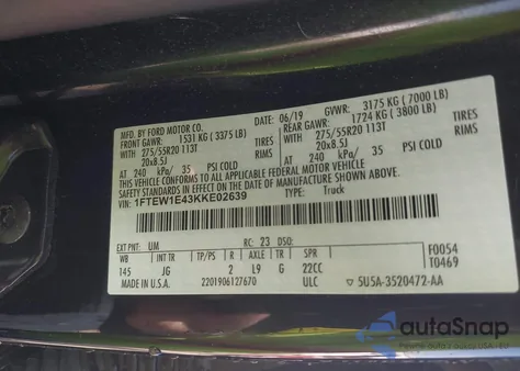 2019 Ford F-150 Xl from USA, damaged, VIN 1FTEW1E43KKE02639